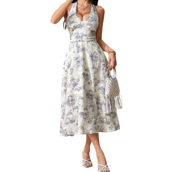 French Porcelain Print VTG Style Blue White Toile De Jouy Halter Dress Sz L - Picture 3 of 10